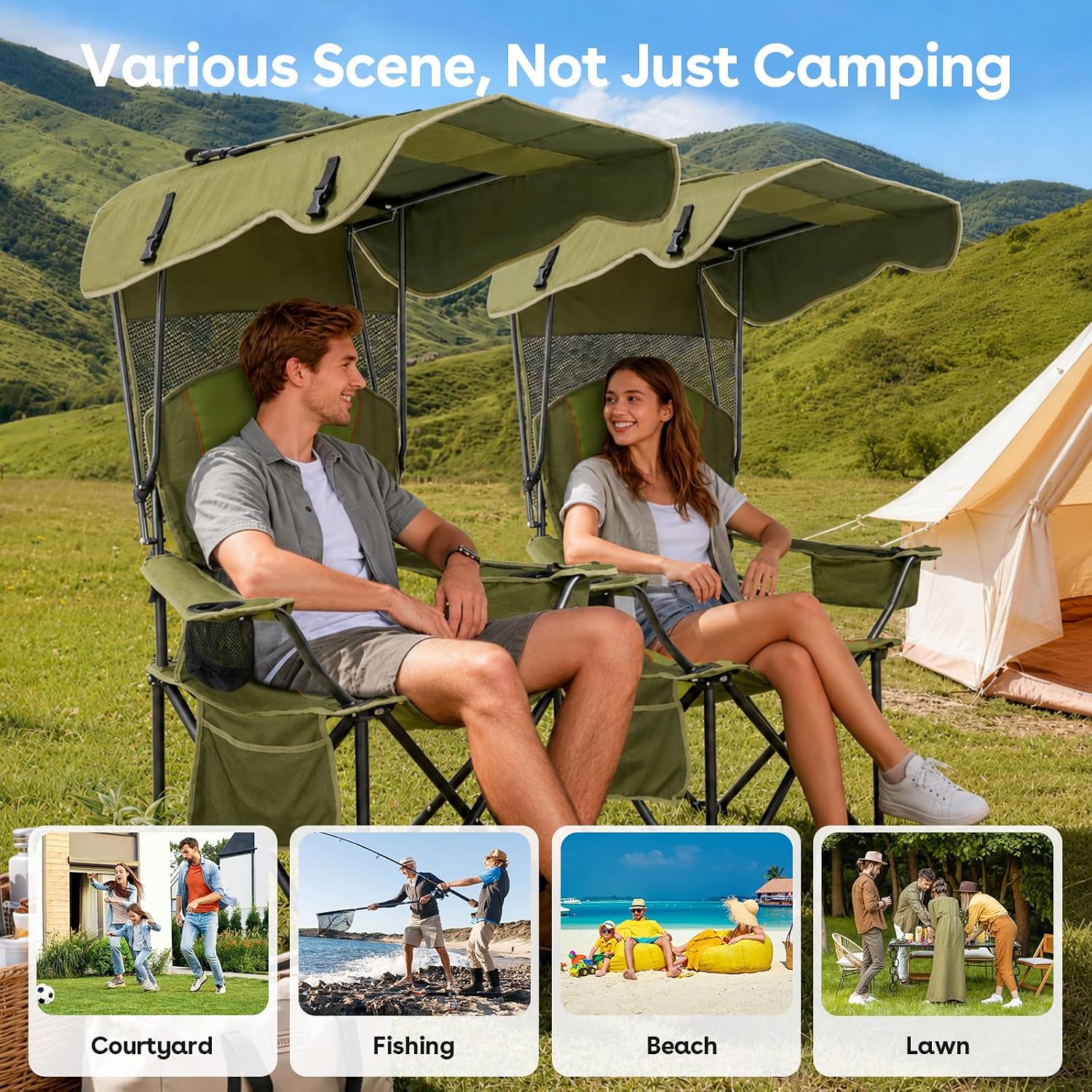 Suteck Camping Chair with Canopy Shade, Folding Outdoor Beach Chairs, Green