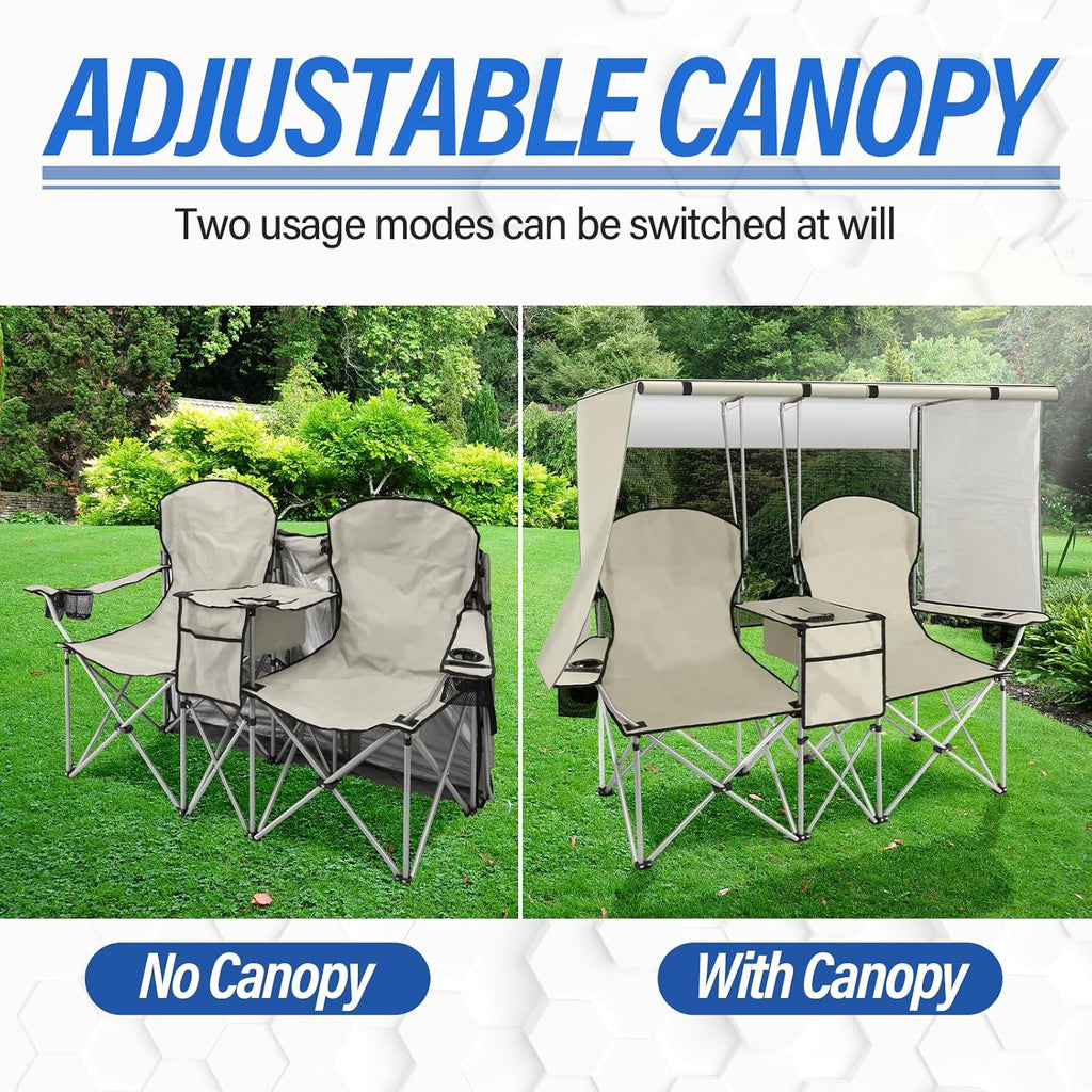 Double Camping Chair with Canopy,Beach Chair Support 600LBS,White