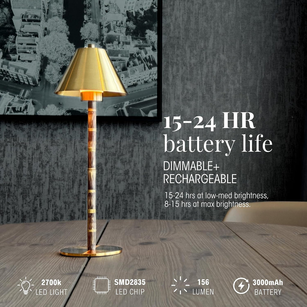 Bamboo Cordless LED Table Lamp – Rechargeable 24-Hour Battery, Dimmable Warm Light, Portable Wireless Lamp with Remote for Indoor/Outdoor Use, Home, Patio, Restaurant – (POLISHED GOLD), 14.76" Tall