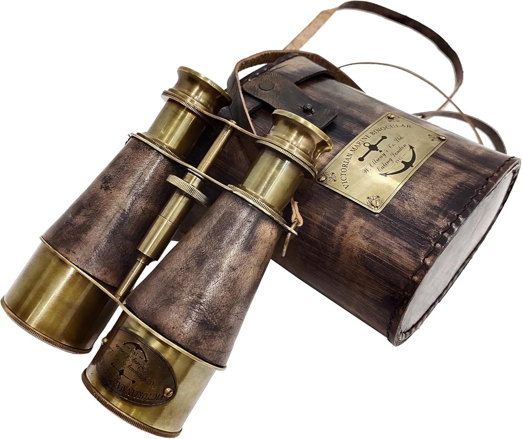 Brass Antique Binoculars, Grey, Brown Leather Strap