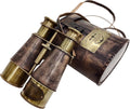 Brass Antique Binoculars, Grey, Brown Leather Strap