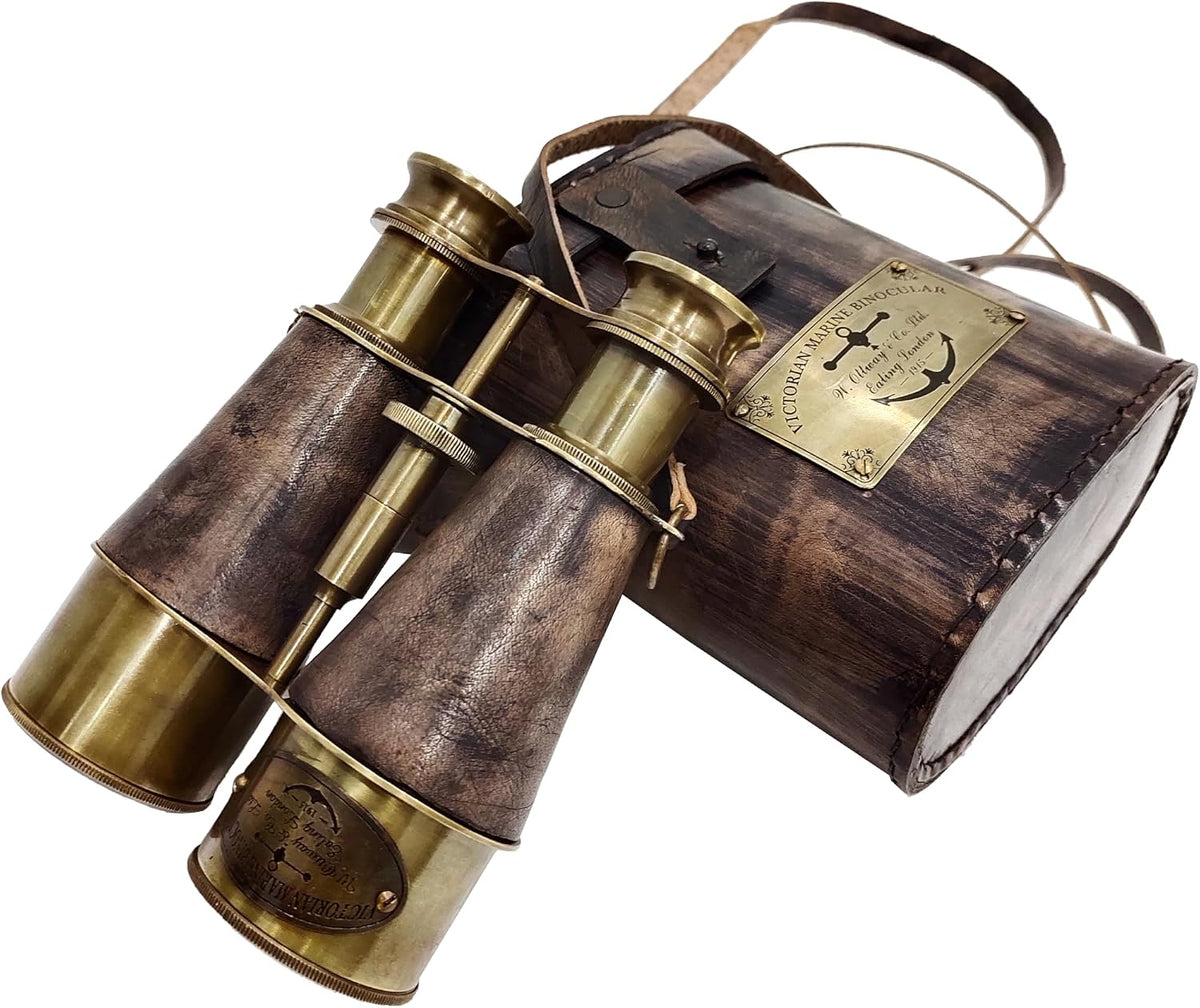 Brass Antique Binoculars, Grey, Brown Leather Strap