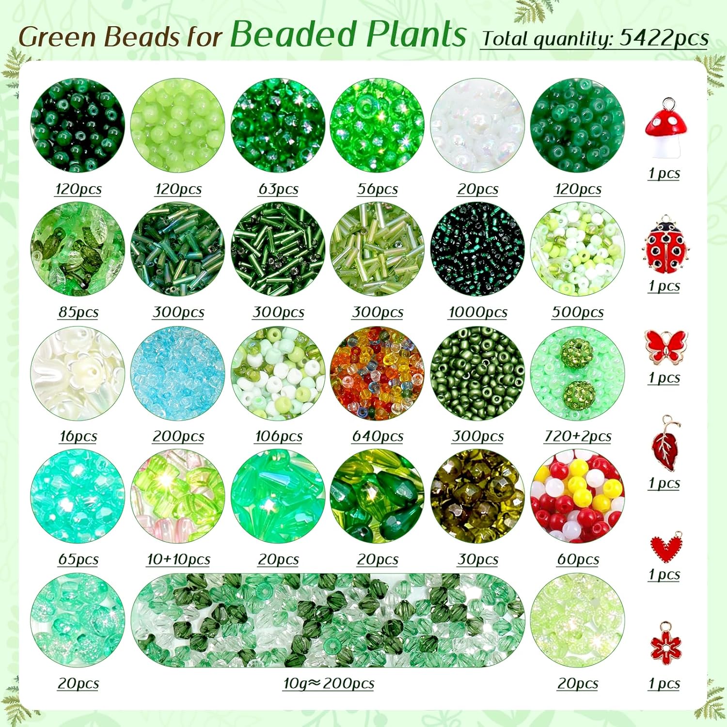 ZYNERY 5600pcs Beaded Plant Kit, Green Glass Beads, with A Full Set of Tools Green Beads Kit Glass for Making Succulent Jewelry and DIY Crafts Fridge Magnets
