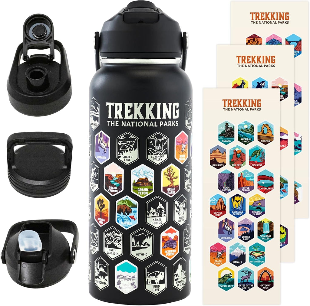 Trekking The National Parks Water Bottle with 63 Waterproof Stickers & 3 Lids (Straw, Spout, & Chug) | 32 Oz Insulated Wide Mouth Stainless Steel Bottle | BPA-Free and Leak-Proof - WHITE