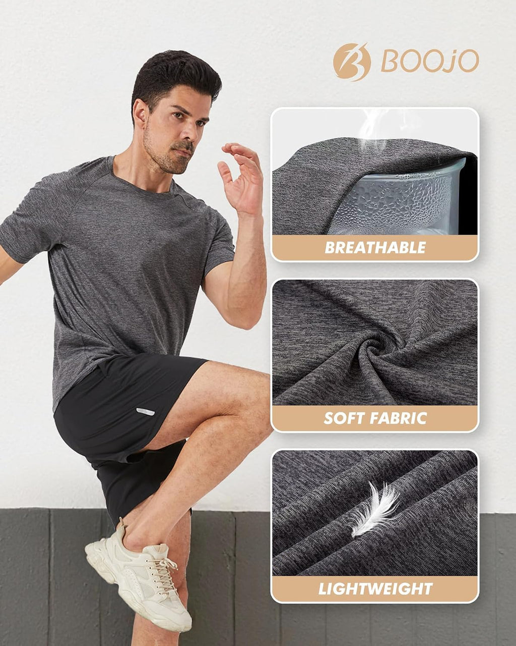 BOOJO 3 Pack Workout Mens Shirts - Quick Dry Causal Moisture Wicking Gym Athletic Short Sleeve T-Shirts for Running Sport