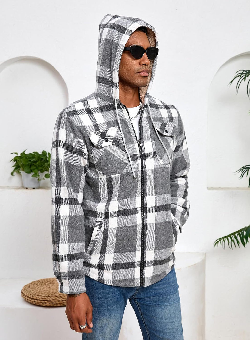 Men's Zip Up Flannel Shirt Jacket Fleece Lined with Hood