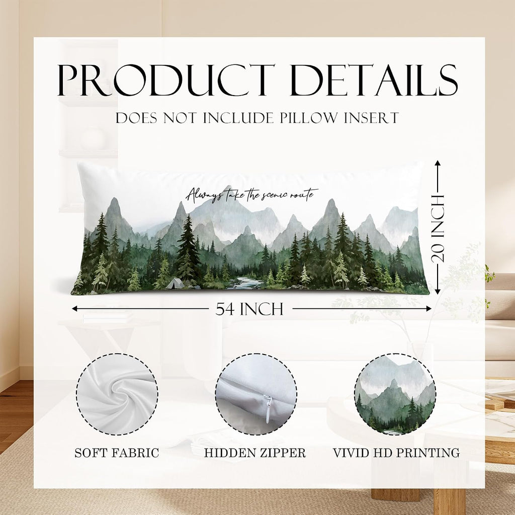 Camping Forest Mountain Body Pillow Cover 20x54, Take The Scenic Route Decorative Camping Body Pillow Case, Nature Camper RV Cushion Cover for Couch Sofa,Adventure Gifts for Camper Lovers A035