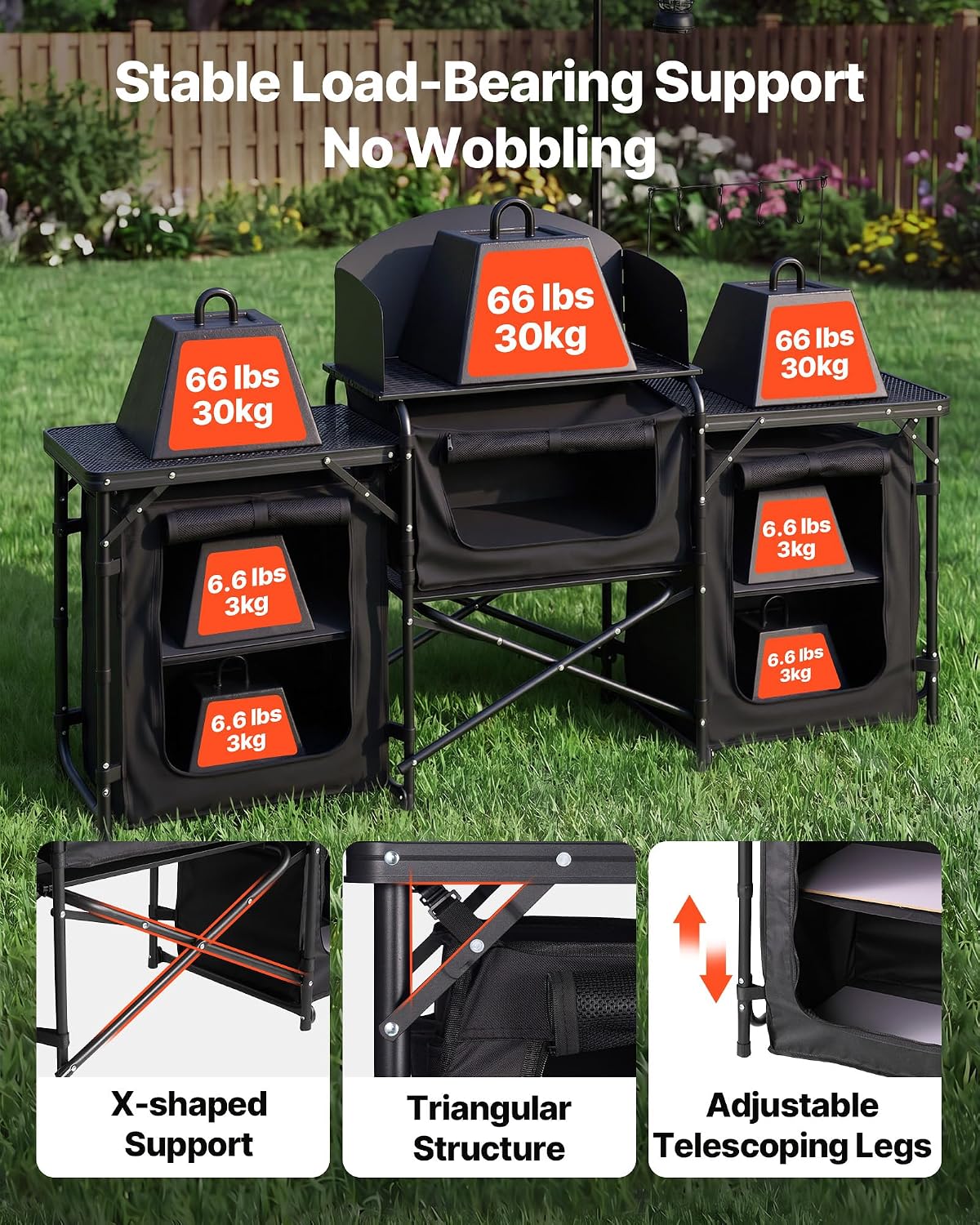 VEVOR Camping Kitchen Table, Outdoor Camp Cooking Table, Portable Cook Station with Storage Cupboard, Carrying Bag, Detachable Windscreen, Quick Set-up for BBQ Party Picnic RV Travel, Black