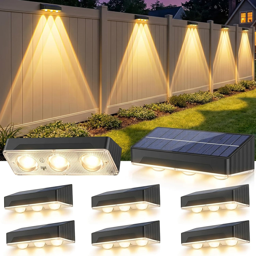Solar Fence Lights Outdoor 12 Pack Upgraded High Brightness 3 LED Spot Lens Waterproof Deck Lights 7 Mode Warm&Cool White RGB Solar Powered Wall Lighting Decor for Outside Patio Step Backyard Railing