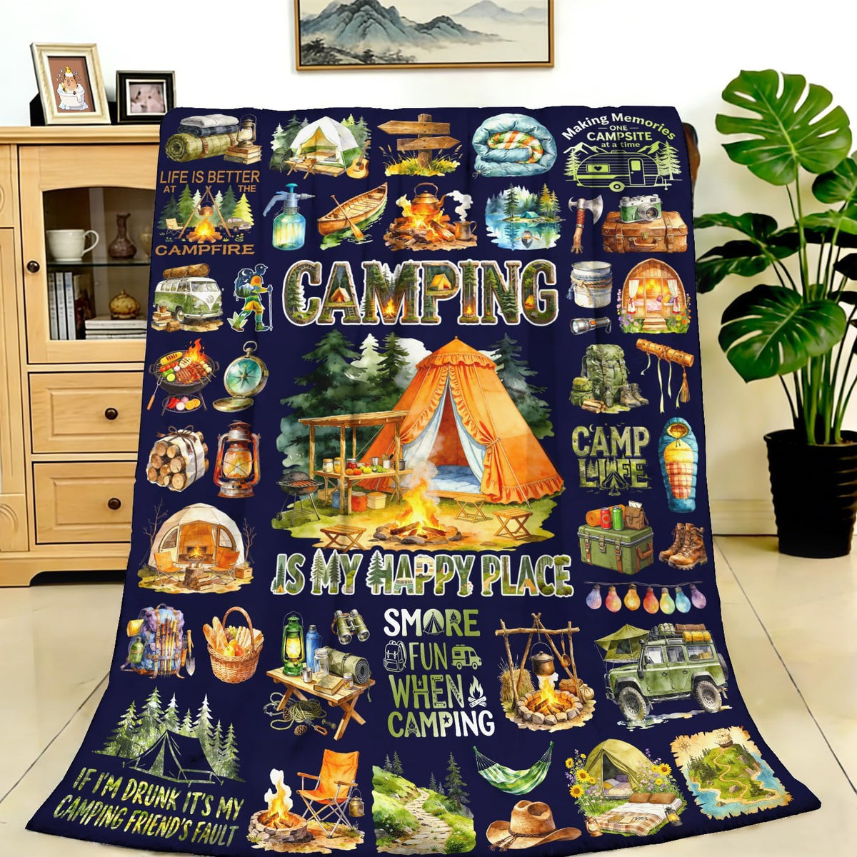 Camping Blanket Cozy Soft Flannel Camp Life Throw Blanket Funny Camping Lover Gift Stuff Merch for Boys Men Adults 50"x40"