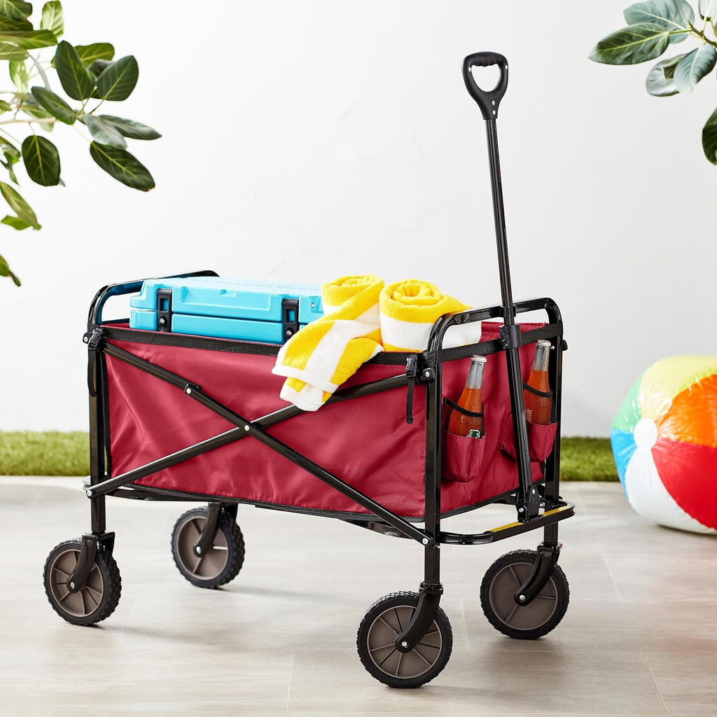 Amazon Basics Collapsible Heavy Duty Utility Wagon for Outdoor Sports, Camping, Garden, and Pets, Portable with Handle, 265 pounds Weight Capacity, 27.6 x 40.9 x 20 inches, Red
