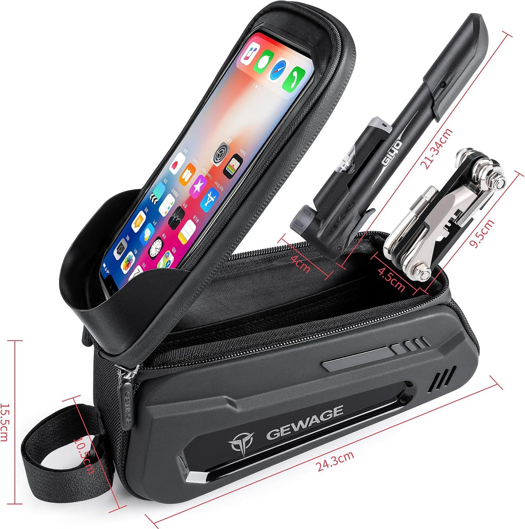 GEWAGE Bicycle Phone Mount Bag & Bicycle Tire Pump, Bike Multitool with Tyre Lever - Bike Tool Kits for Repair and Maintenance at Home or On The Road