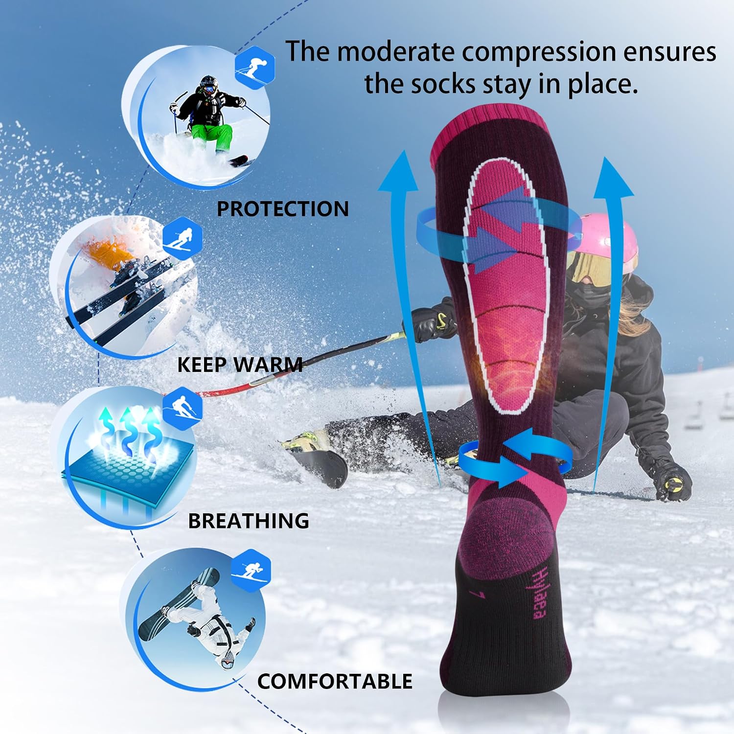 Hylaea Unisex Knee High Merino Wool Ski Snowboard Socks, Cushioning & Warm