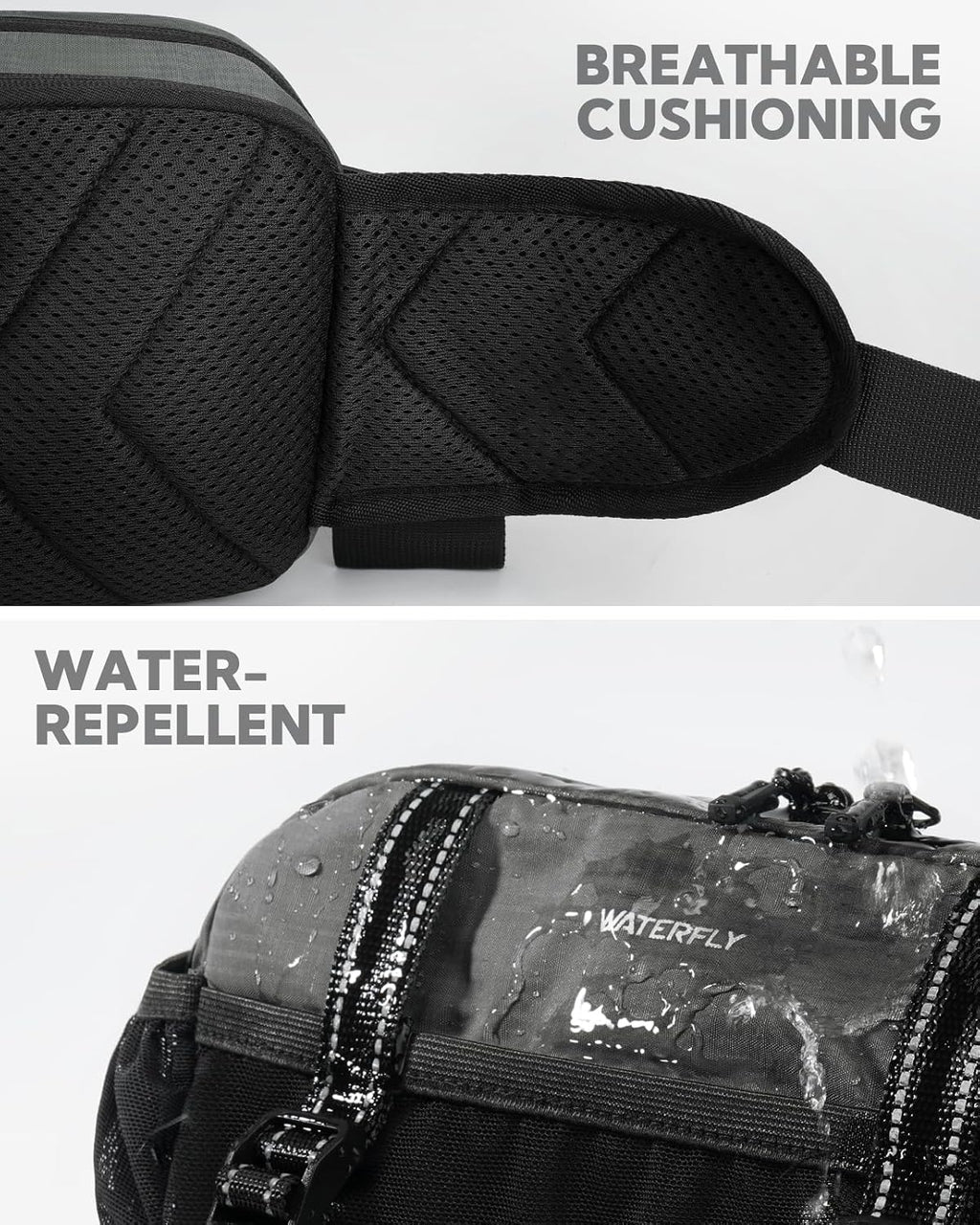 WATERFLY Large Hiking Fanny Pack: 3L Waist Bag with 2 Bottle Holders for Women Men - 9 Pockets & Adjustable Belt Lumbar Hip Packs for Travel Running Cycling Camping Workout (Bottles Not Included)