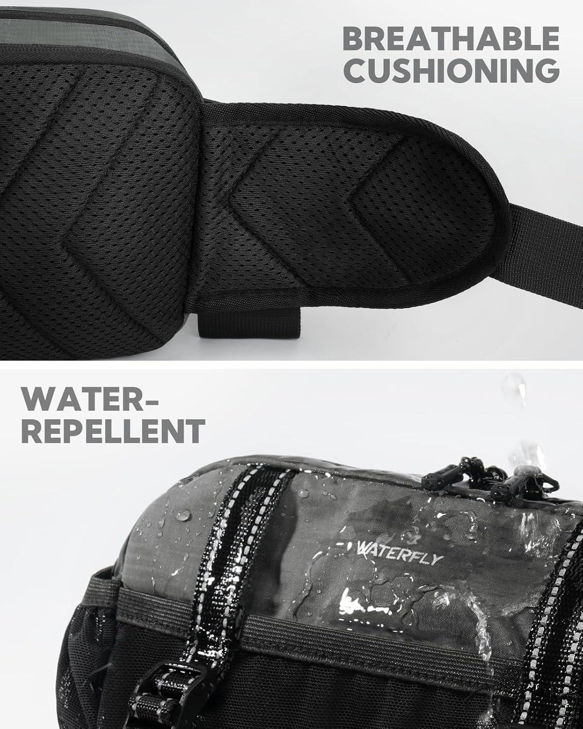 WATERFLY Large Hiking Fanny Pack: 3L Waist Bag with 2 Bottle Holders for Women Men - 9 Pockets & Adjustable Belt Lumbar Hip Packs for Travel Running Cycling Camping Workout (Bottles Not Included)