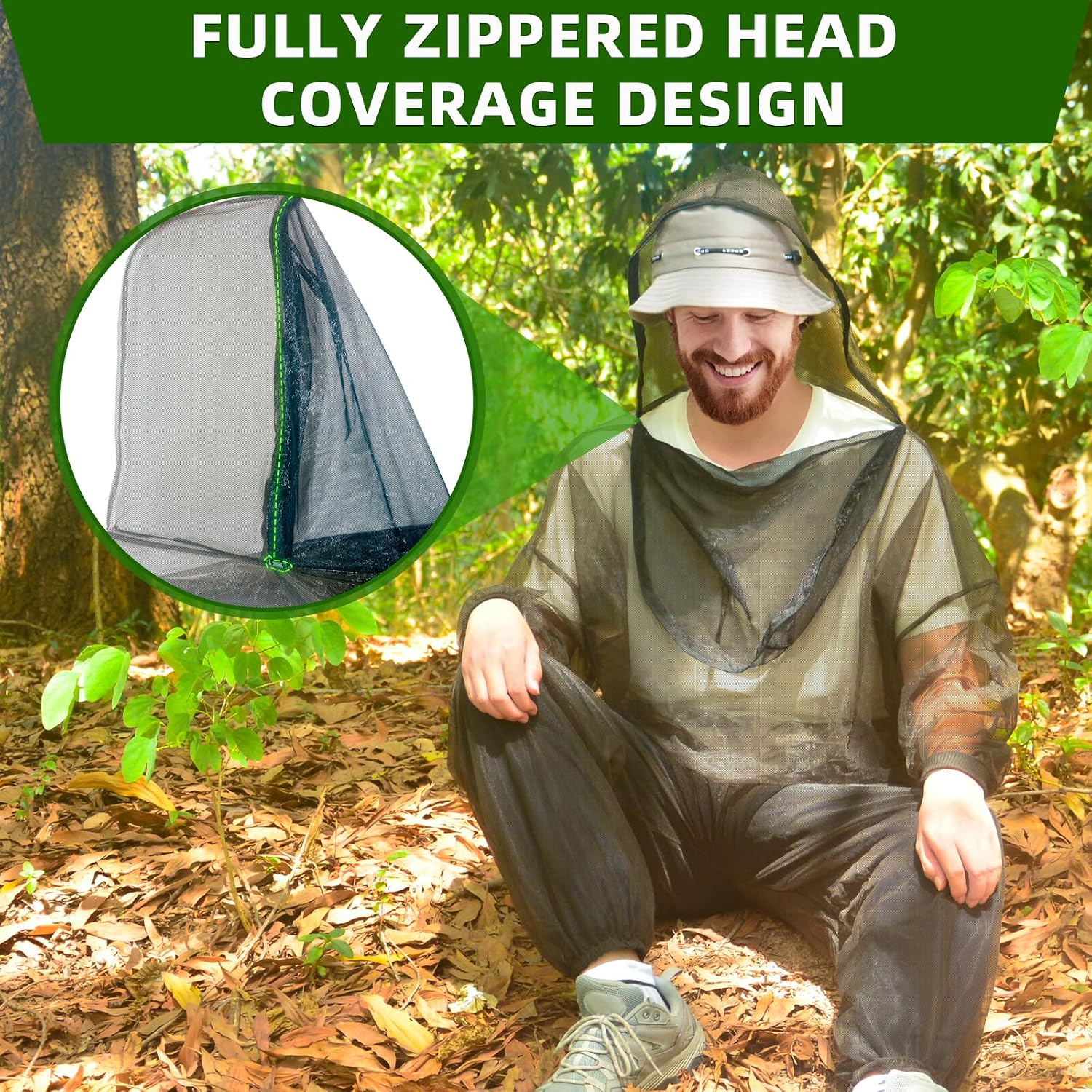 Mosquito Suit, Bug Pants & Jacket with Hood, Full Body Bug Net, M Size