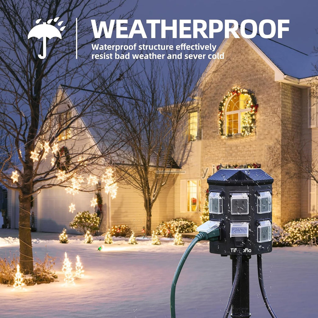 TiFFCOFiO Outdoor Power Strip Weatherproof, 25 FT Extension Cord with Stake, 6 Grounded Outlets for Yard, Pool and Garden Decorations, 15A/1875W, ETL Listed