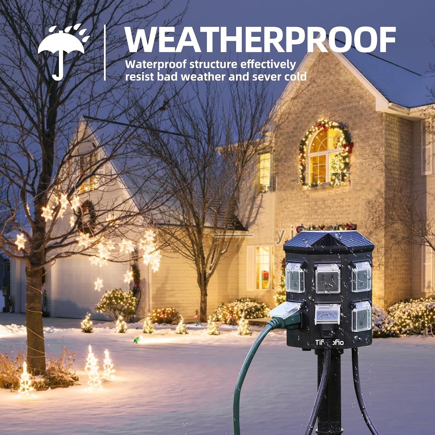 TiFFCOFiO Outdoor Power Strip Weatherproof, 25 FT Extension Cord with Stake, 6 Grounded Outlets for Yard, Pool and Garden Decorations, 15A/1875W, ETL Listed