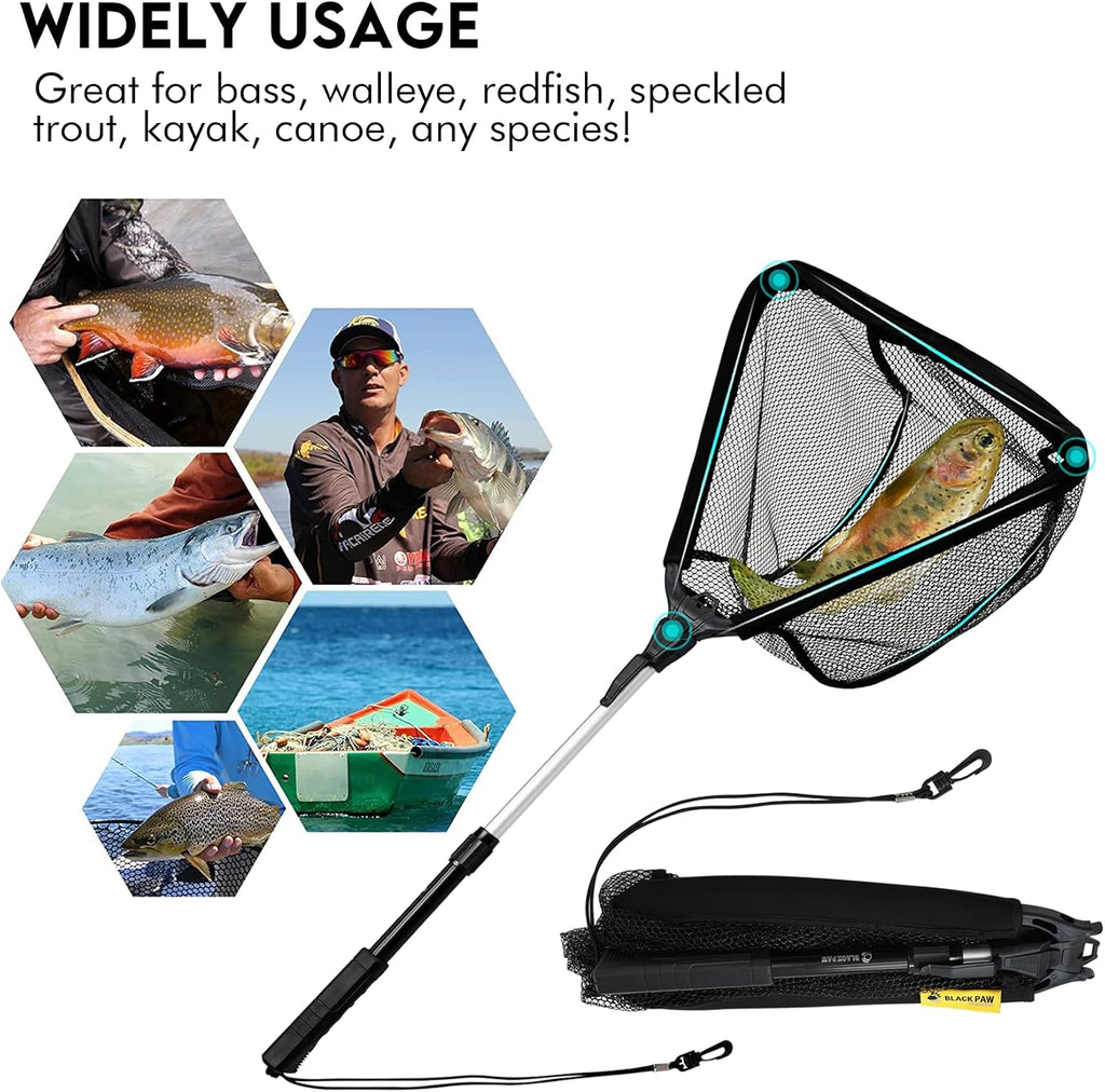 Black Paw Floating Fishing Net Foldable Telescopic Fish Landing Net with Built in Length Scale Rubber Coated for Kayak, Fly, Trout