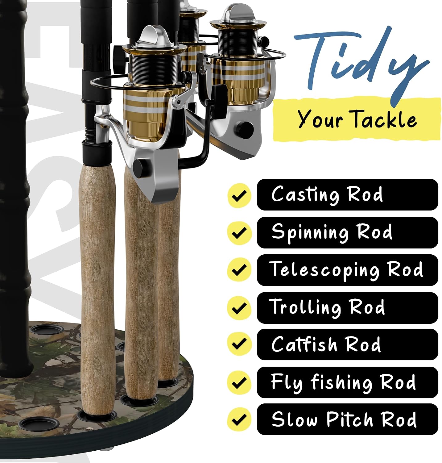 Rush Creek Creations 16-Rod Round Fishing Rod Holder for Garage, 360° Access Fishing Pole Holder for Fishing Rods, Reels, and Gear, Securely Holds 16 Rods, Camouflage