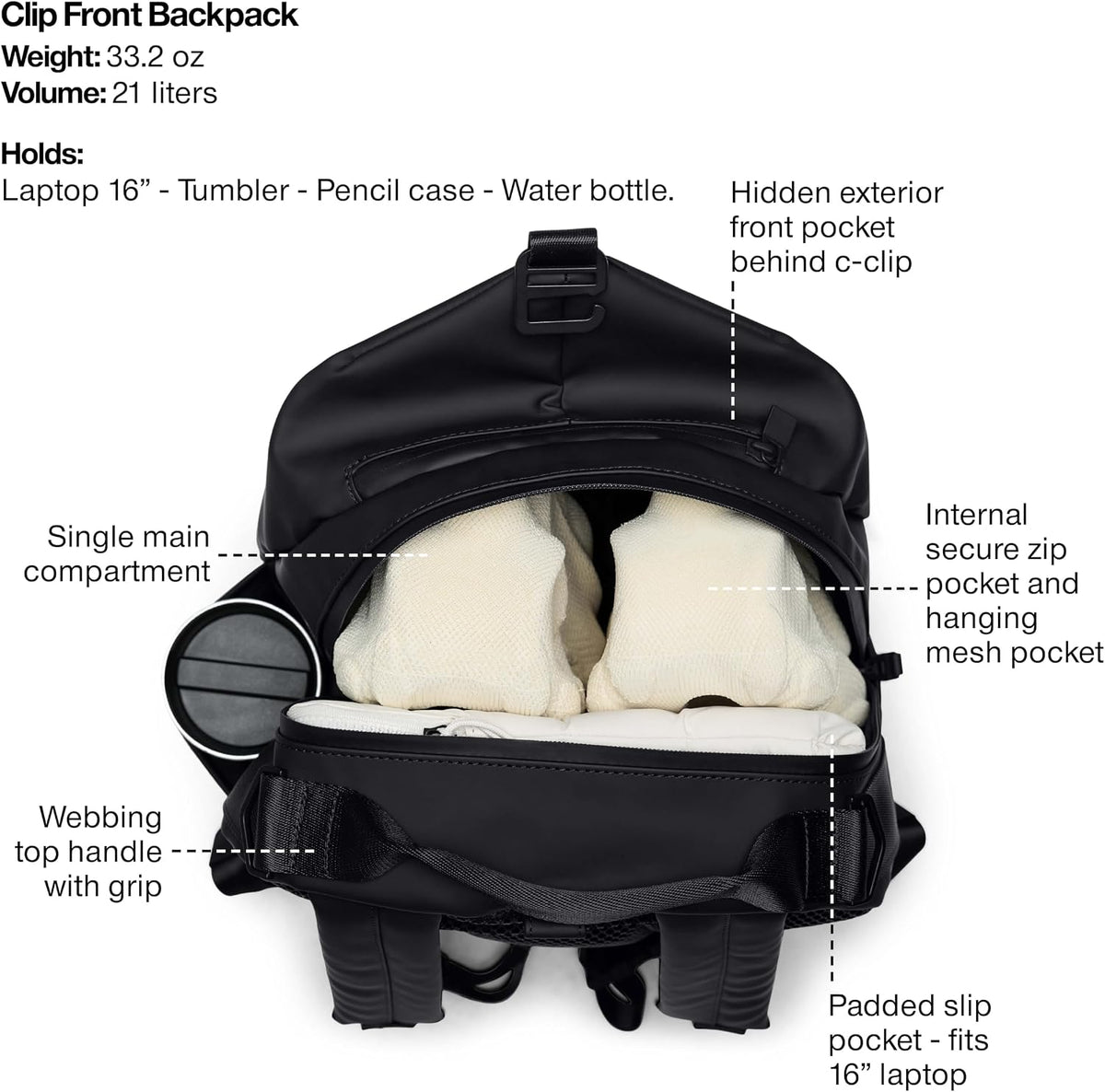 RAINS Clip Front Backpack - Waterproof Slim Travel Laptop Bag, 5.5 Gallon