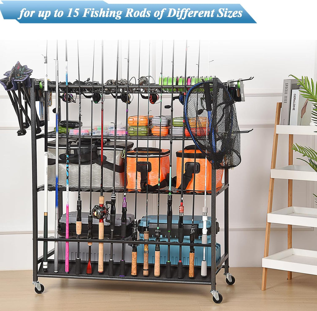 Fishing Rod Holder for Garage, Fishing Pole Holders for 15 Rods 38 * 17", Fishing Rod Rack Basement, Fishing Pole Rack Metal Black with Big Wheels, 4-Tier
