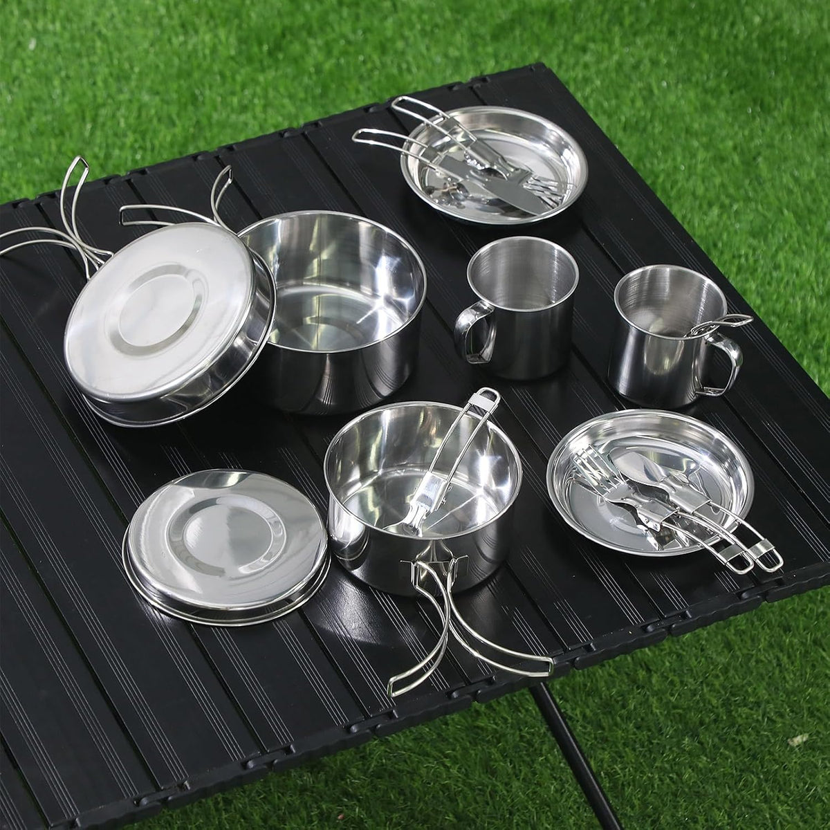 Funnymoom 14 Piece Camp Cooking Set, Stainless Steel Camping Cookware with Pot and Pan Kit 2 Set Stainless Steel Cups Plates Forks Knives Spoons for Camping, Backpacking, Outdoor Cooking and Picnic