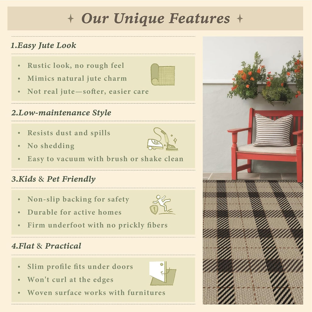 JTJ Outdoor Rug 3x5 for Front Porch, Washable Easy Jute Indoor Outdoor Rug, Non Slip Entryway Area Rug for Patio, Kitchen, Balcony, Farmhouse Black & Tan Plaid Rug