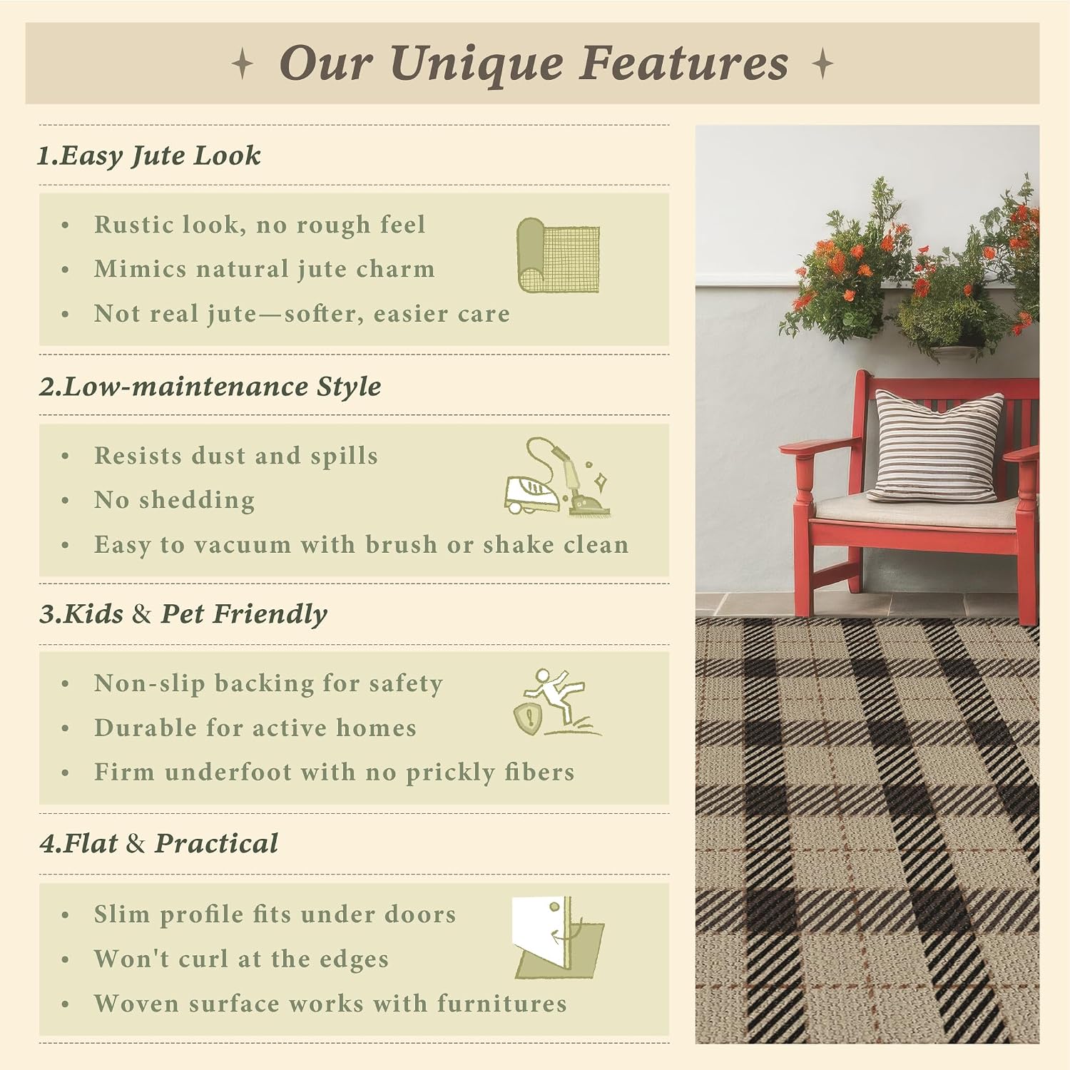 JTJ Outdoor Rug 3x5 for Front Porch, Washable Easy Jute Indoor Outdoor Rug, Non Slip Entryway Area Rug for Patio, Kitchen, Balcony, Farmhouse Black & Tan Plaid Rug