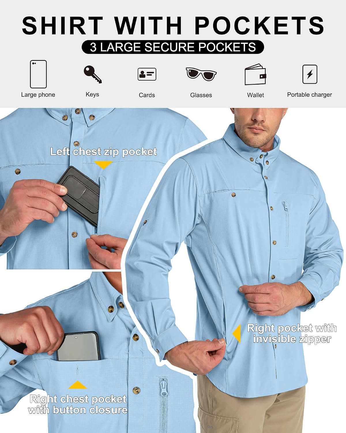 33,000ft Men's UPF 50+ UV Protection Long Sleeve Hiking Shirts Breathable Quick Dry Fishing Shirts for Safari, Outdoor