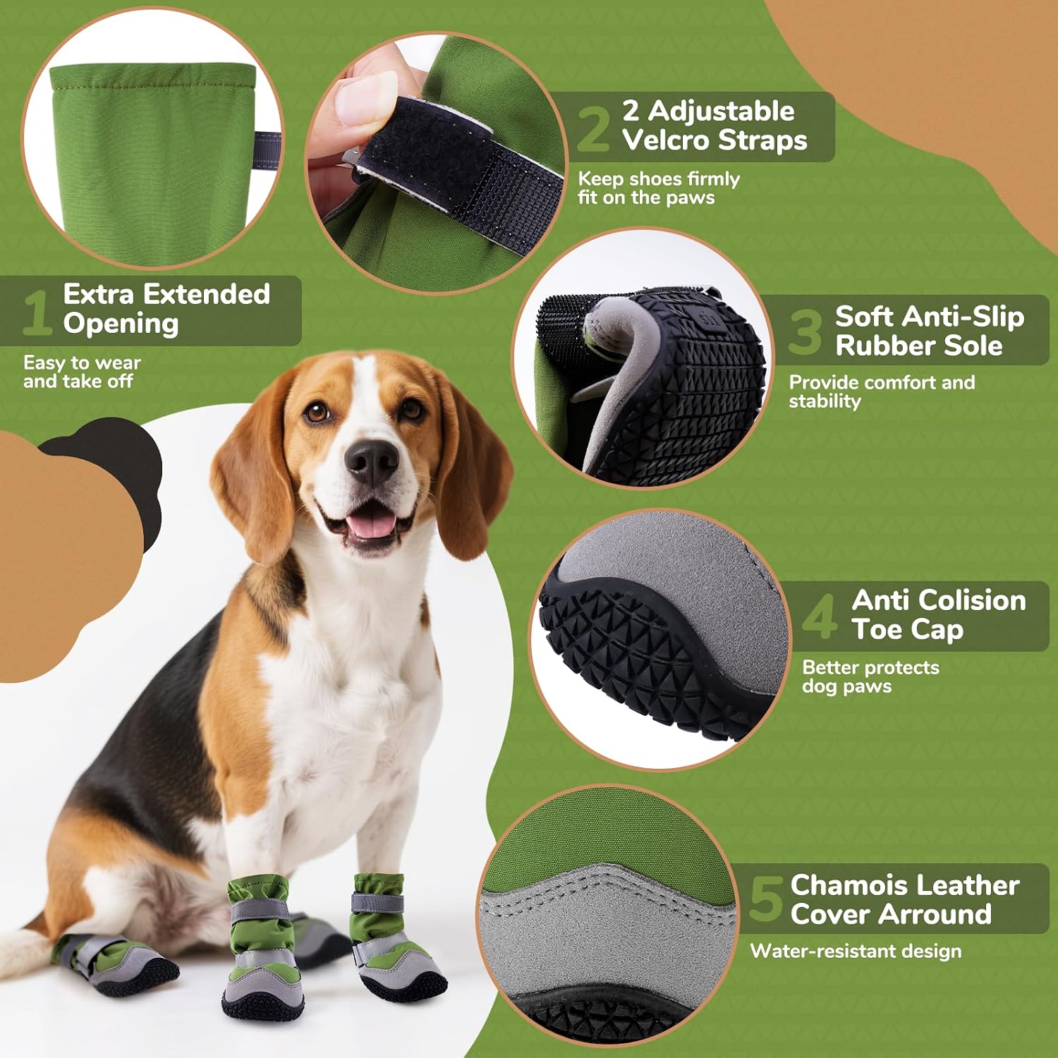 Winter Dog Snow Boots with Fleece Lining, Dog Shoes for Medium Large Size Dogs, Waterproof Dog Booties and Paw Protectors, Anti-Slip & Reflective Dog Shoes for Snow Outdoor, Hiking (Green-Size 4)