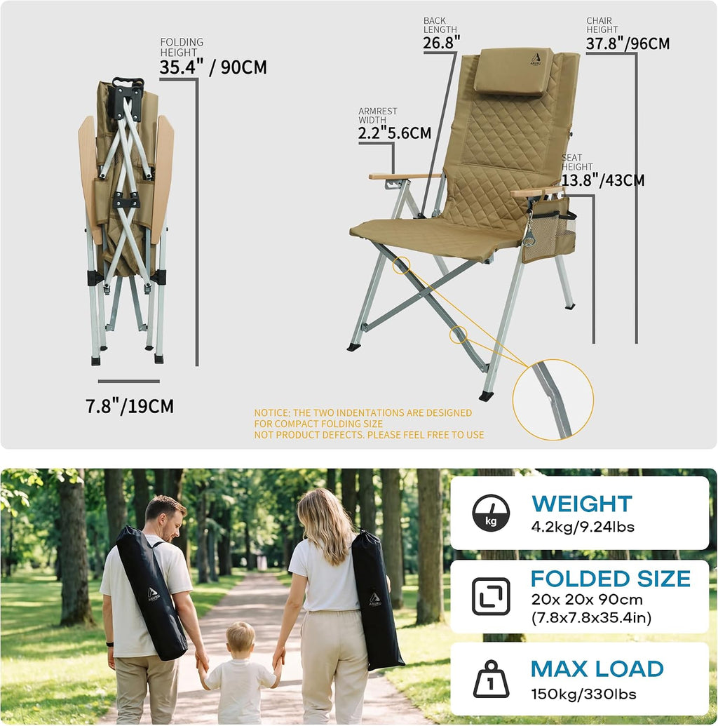 Reclining Camping Chair, Heavy Duty Folding Chairs with 4-Stage Adjustable High Back for Adults, Compact Foldable Outdoor Patio Reclining Chair with Storage Bag (Khaki, 2 Pack)