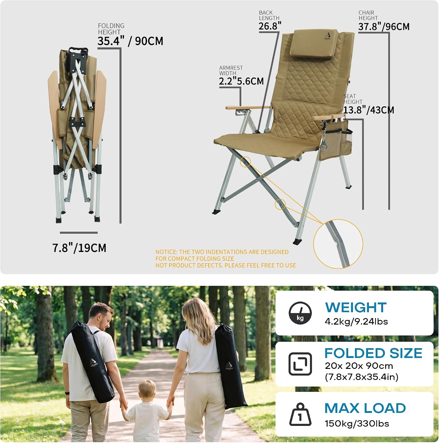 Reclining Camping Chair, Heavy Duty Folding Chairs with 4-Stage Adjustable High Back for Adults, Compact Foldable Outdoor Patio Reclining Chair with Storage Bag (Khaki, 2 Pack)