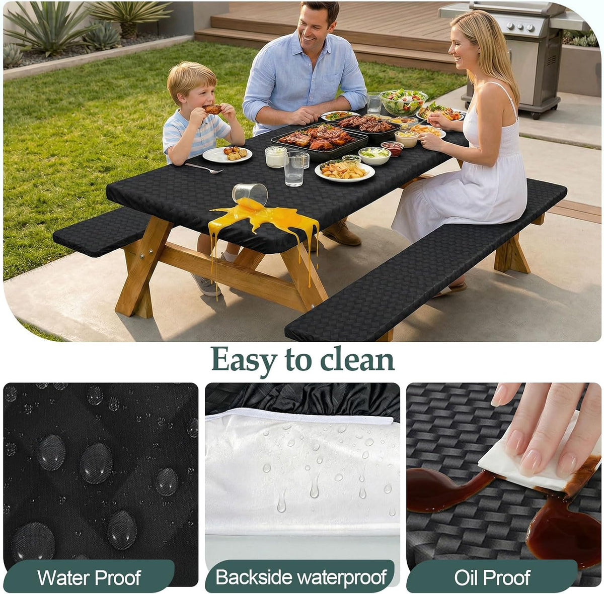 Picnic Table Cover with Bench Covers Camping Essentials Waterproof Windproof Camping Tablecloth with Drawstring Bag, Fitted Rectangle Tables and Seats, 96in, Black