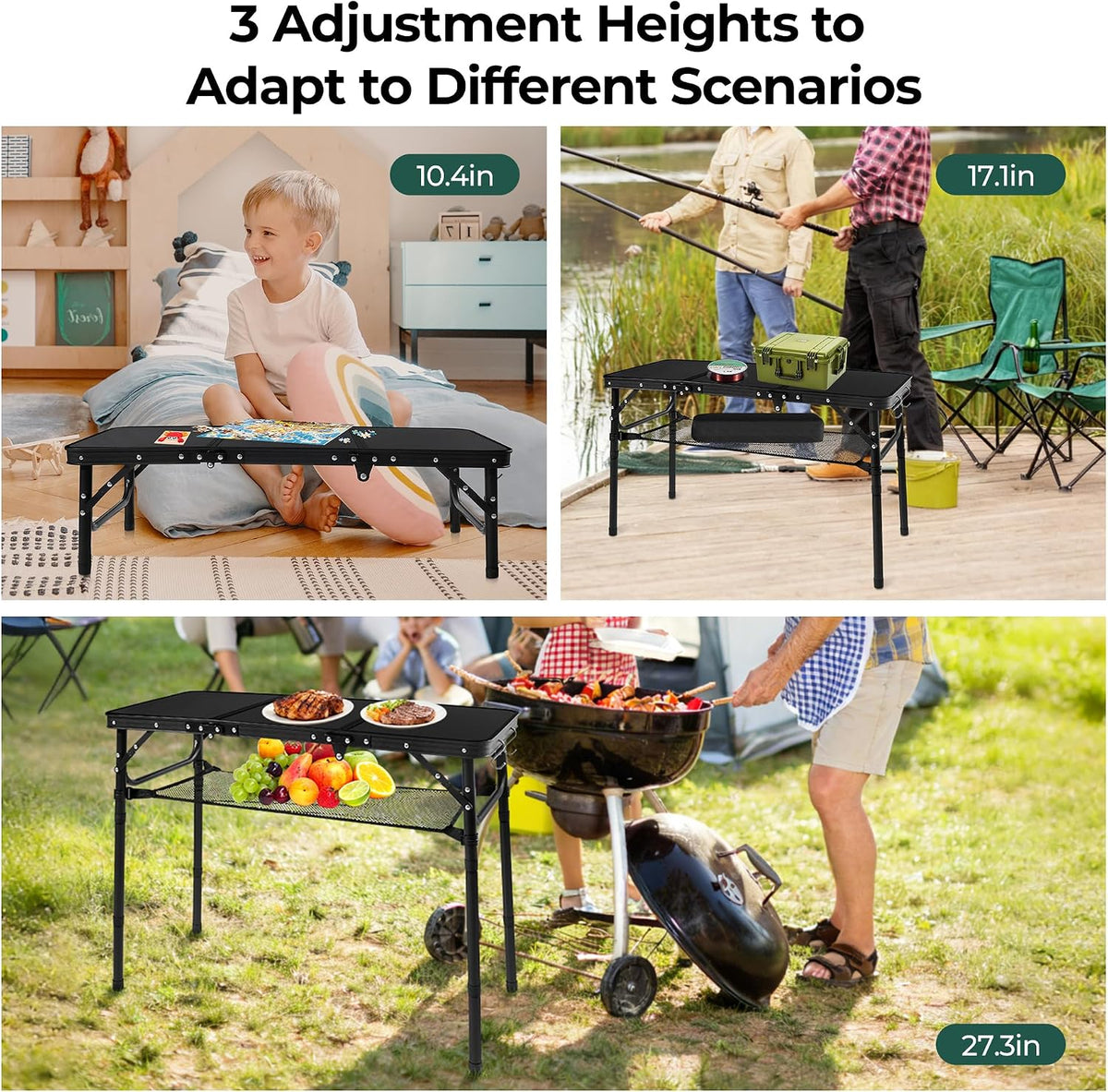 3ft Folding Camping Table with 3 Adjustable Height Max 27.3 Inch