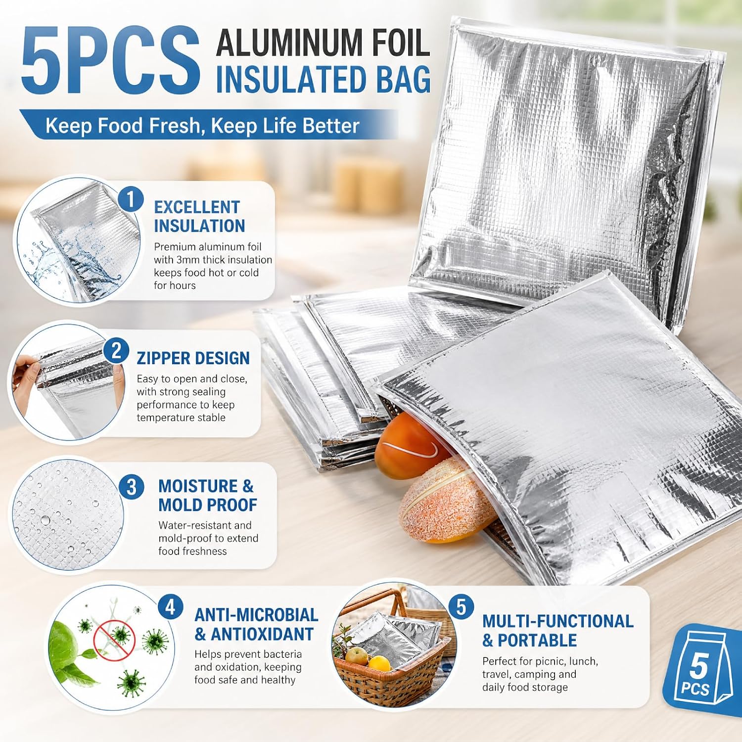 Insulated Food Storage Bag with Zipper Design, Hot Cold Cool Storage Bags for Food, Reusable Thermal Lunch Household Food Pouches Organizer Hot Sandwich Bags, 5PCS