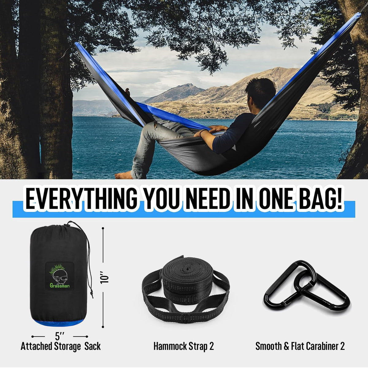 Grassman Camping Hammock Double & Single Portable Hammock with Tree Straps, Lightweight Nylon Parachute Hammocks Camping Accessories Gear for Indoor Outdoor Backpacking, Travel, Hiking, Beach