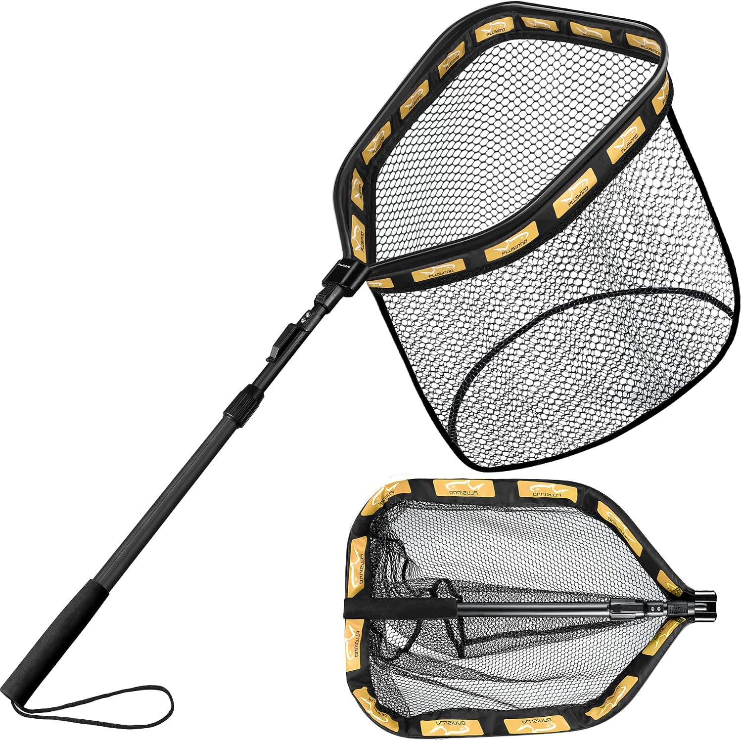 PLUSINNO Floating Fishing Net for Steelhead, Salmon, Fly, Kayak, Catfish, Bass, Trout Fishing, Rubber Coated Foldable Landing Net with Fixed or Telescoping Pole Handle, Fishing Gear and Gifts for Men