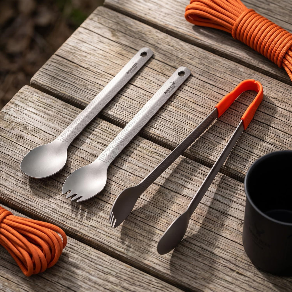 3-in-1 Titanium Backpacking Utensils, Spoon, Spork and Tongs Set