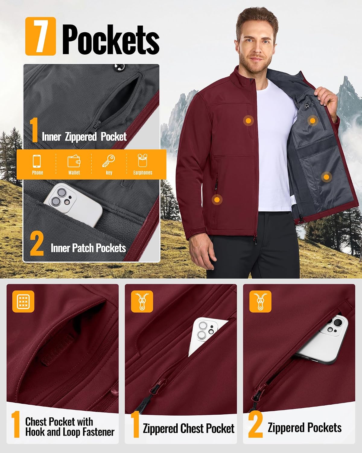 33,000ft Men's Lightweight Softshell Jacket Fleece Waterproof Windbreaker