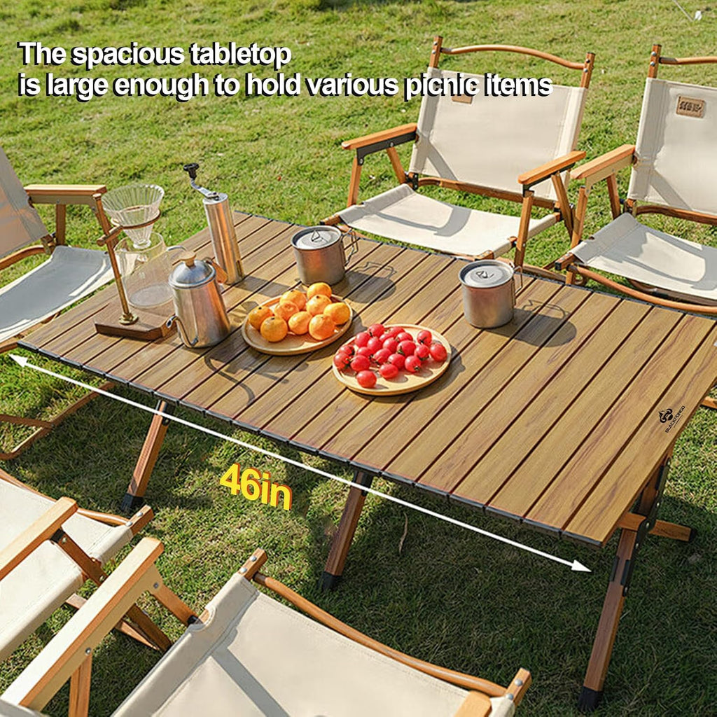 Folding Camping Table, Roll-Up Folding Table with Carry Bag, Portable Aluminum Picnic Table, Low Height Beach Table for Outdoor Use, Travel, BBQ & Hiking, Easy Assembly (Natural)