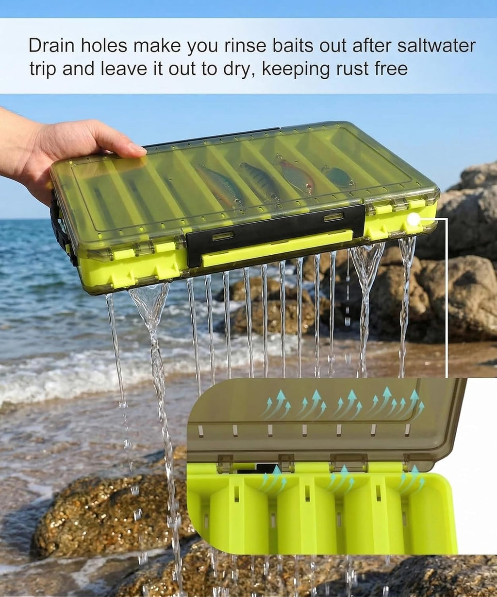 Fishing Tackle Boxes Lure Organizer: 2 Packs Hard Bait Storage Box - Double Sided Fishing Lure Case with 14 Compartments Container (Grey, L)