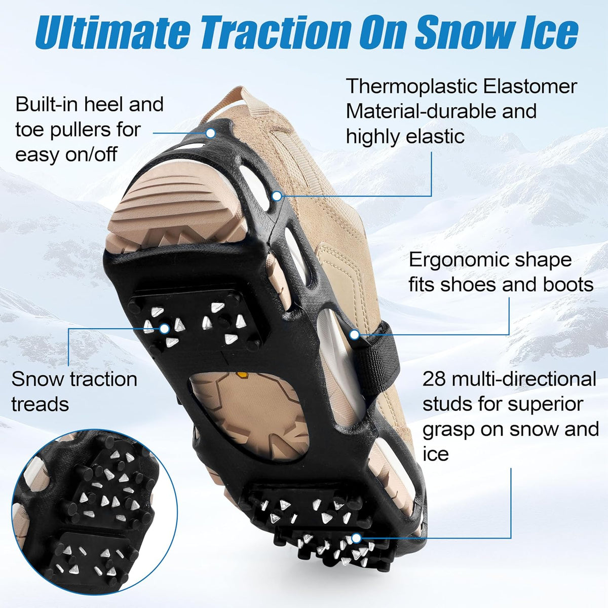 Ice Cleats Snow Walk Traction Cleats Crampon for Walking on Snow and Ice Upgrade 28 Studs Non-Slip Overshoe Rubber Anti Slip Crampons Slip-on Stretch Footwear