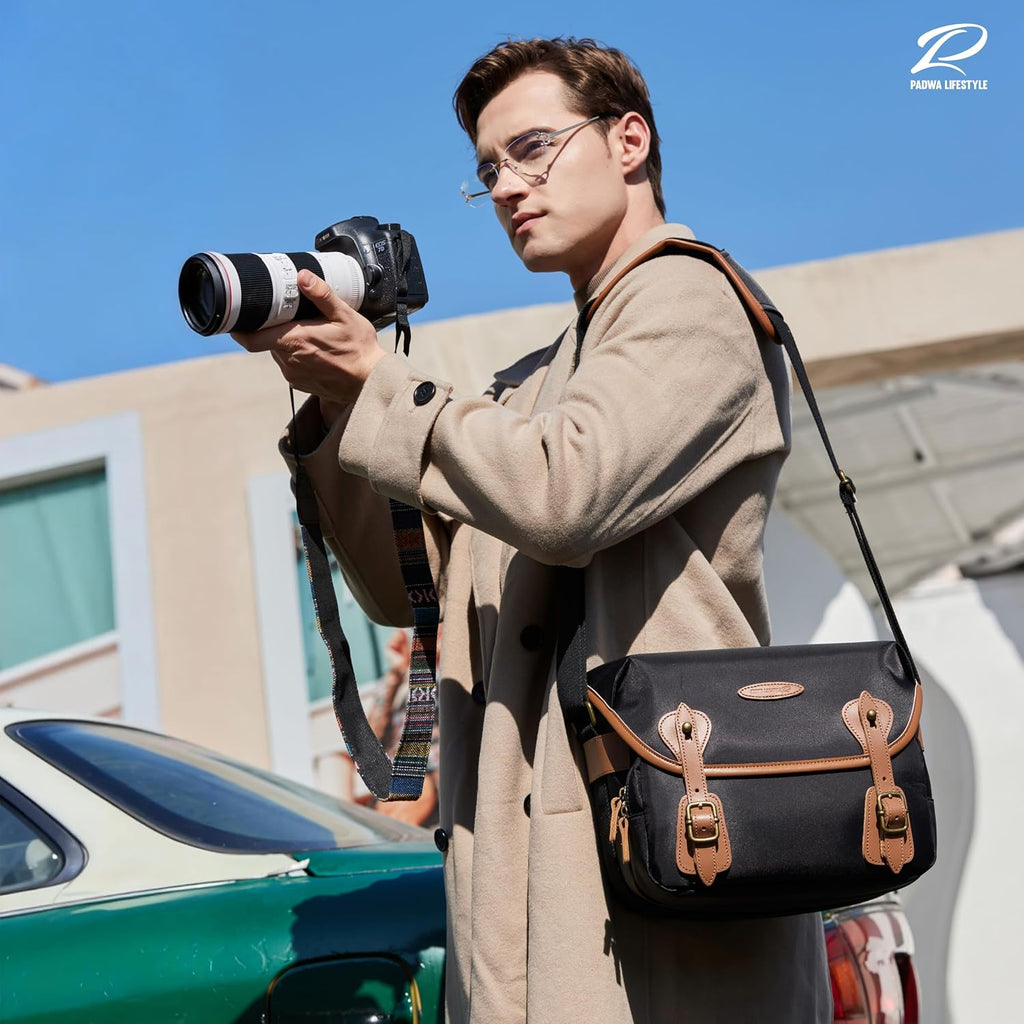 Padwa Lifestyle Black Sling Camera Bag - Waterproof Nylon Crossbody Photography Bags with Thick Shell,Fleece Compartments & Wide Padded Strap,Safety Protection for Photographers Camera,Lens & Drone