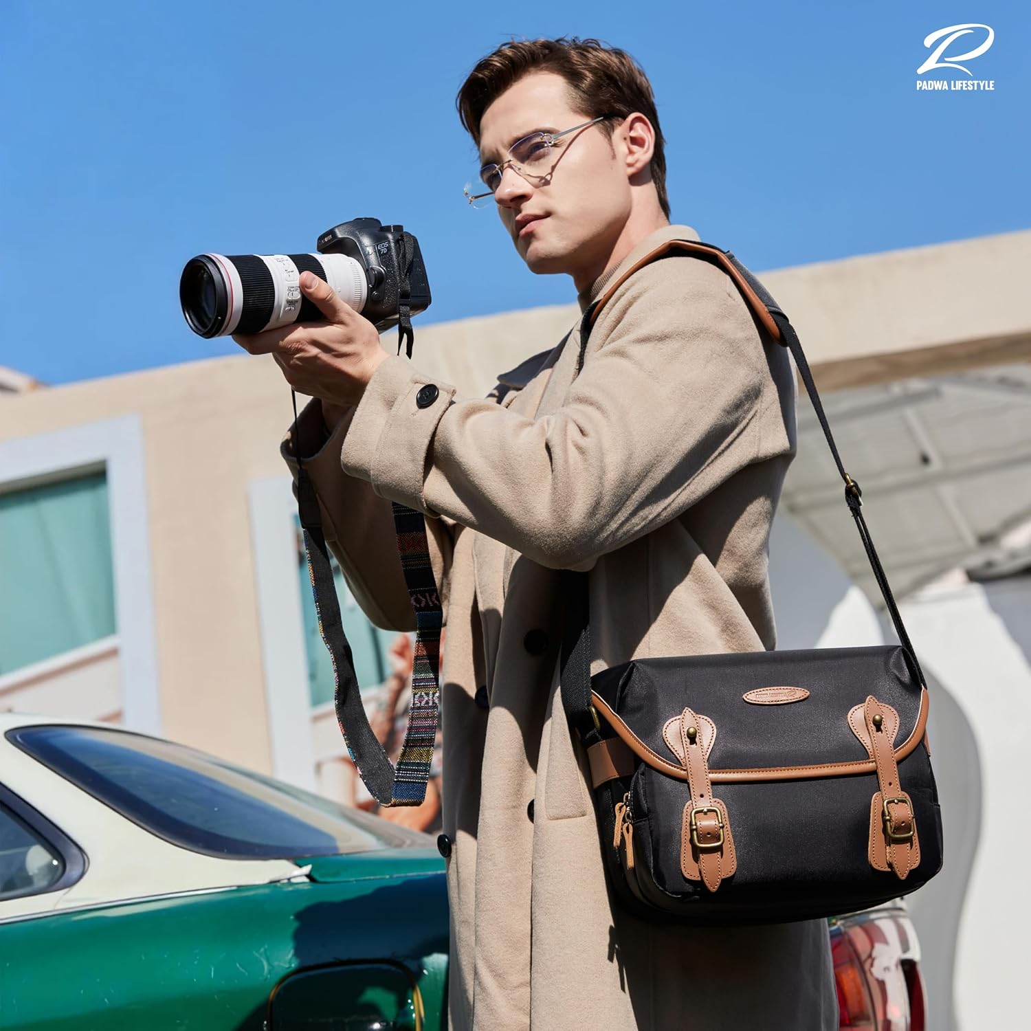 Padwa Lifestyle Black Sling Camera Bag - Waterproof Nylon Crossbody Photography Bags with Thick Shell,Fleece Compartments & Wide Padded Strap,Safety Protection for Photographers Camera,Lens & Drone