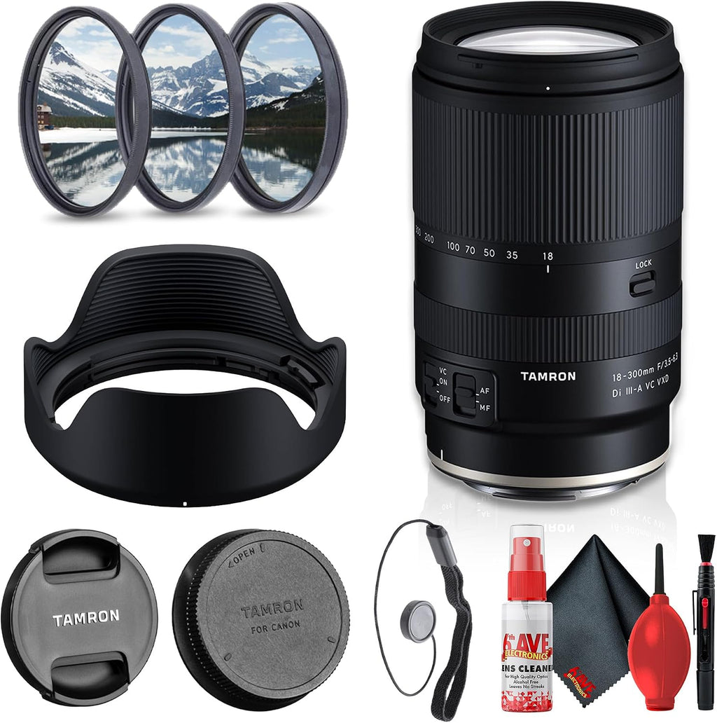 Tamron 18-300mm F3.5-6.3 Di III-A VC VXD All-in-One Zoom Lens for Sony E APS-C Mirrorless Cameras, Image Stabilization, Fast Autofocus for Travel + Lens Filter Kit + Cap Keeper (4pc Bundle)
