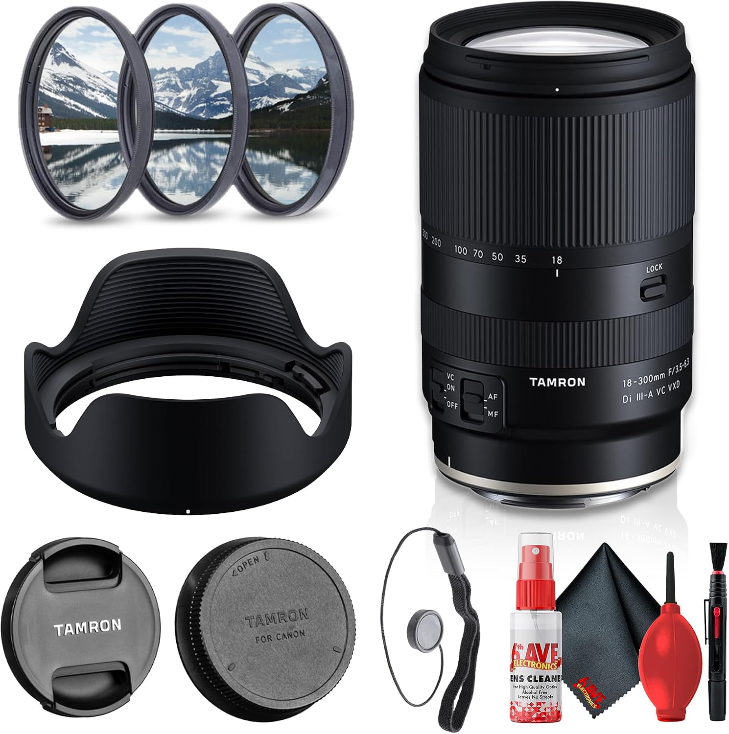 Tamron 18-300mm F3.5-6.3 Di III-A VC VXD All-in-One Zoom Lens for Sony E APS-C Mirrorless Cameras, Image Stabilization, Fast Autofocus for Travel + Lens Filter Kit + Cap Keeper (4pc Bundle)