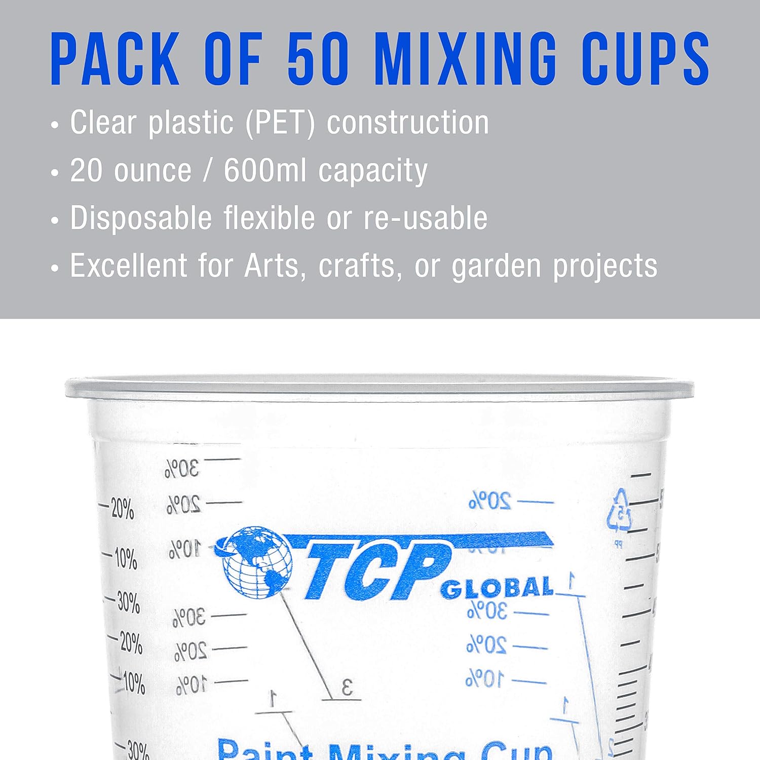 TCP Global 20 oz. (600ml) Graduated Plastic Mixing Cups - Box of 50