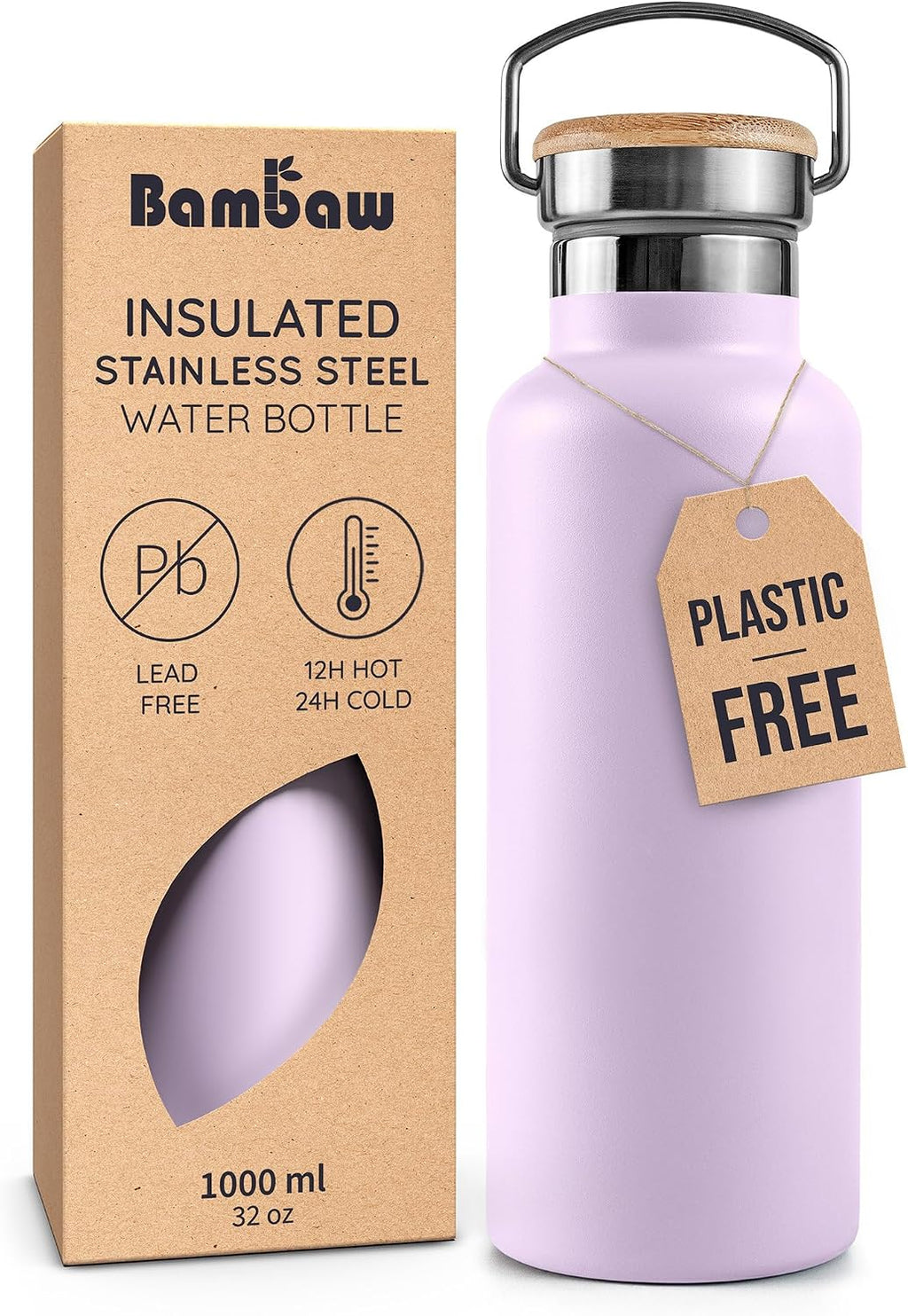Bambaw Insulated Water Bottle 32 oz, Leak-Proof Water Bottle Stainless Steel, Keeps Drinks Cold for 24h Cold and Hot for 12h, With a Wide Mouth for Easy Cleaning & To Fit a Tea Infuser (Lavender Haze)