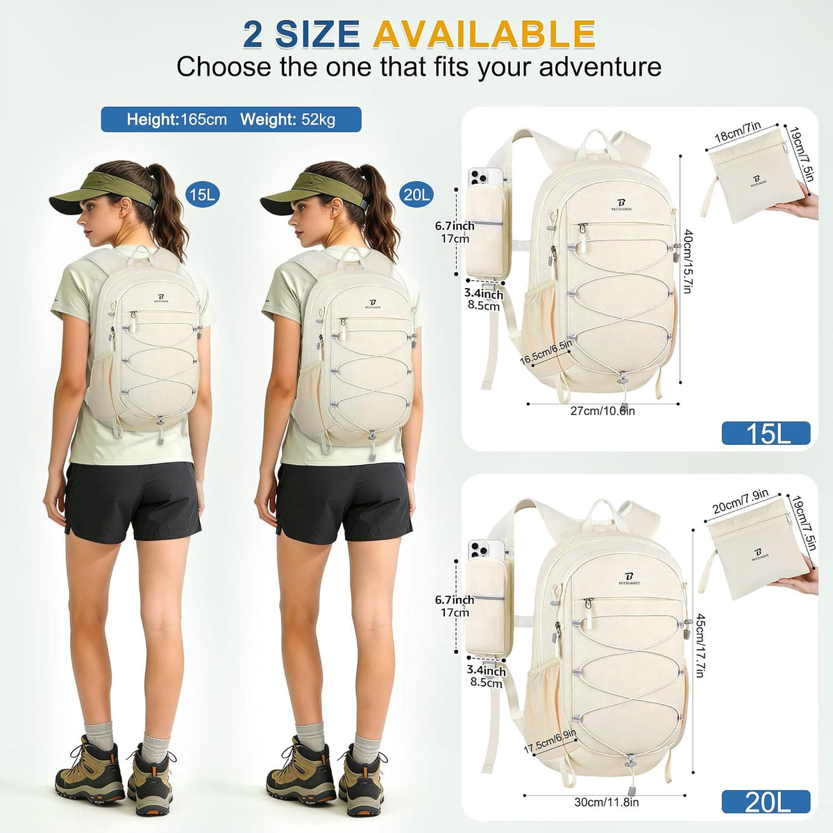 BECOJADDE Hiking Backpack 15L Small Backpack Packable Day pack Water Resistant Lightweight Travel Backpack for Women Men with Shoulder Strap Pockets for Hiking Camping Outdoor, Beige